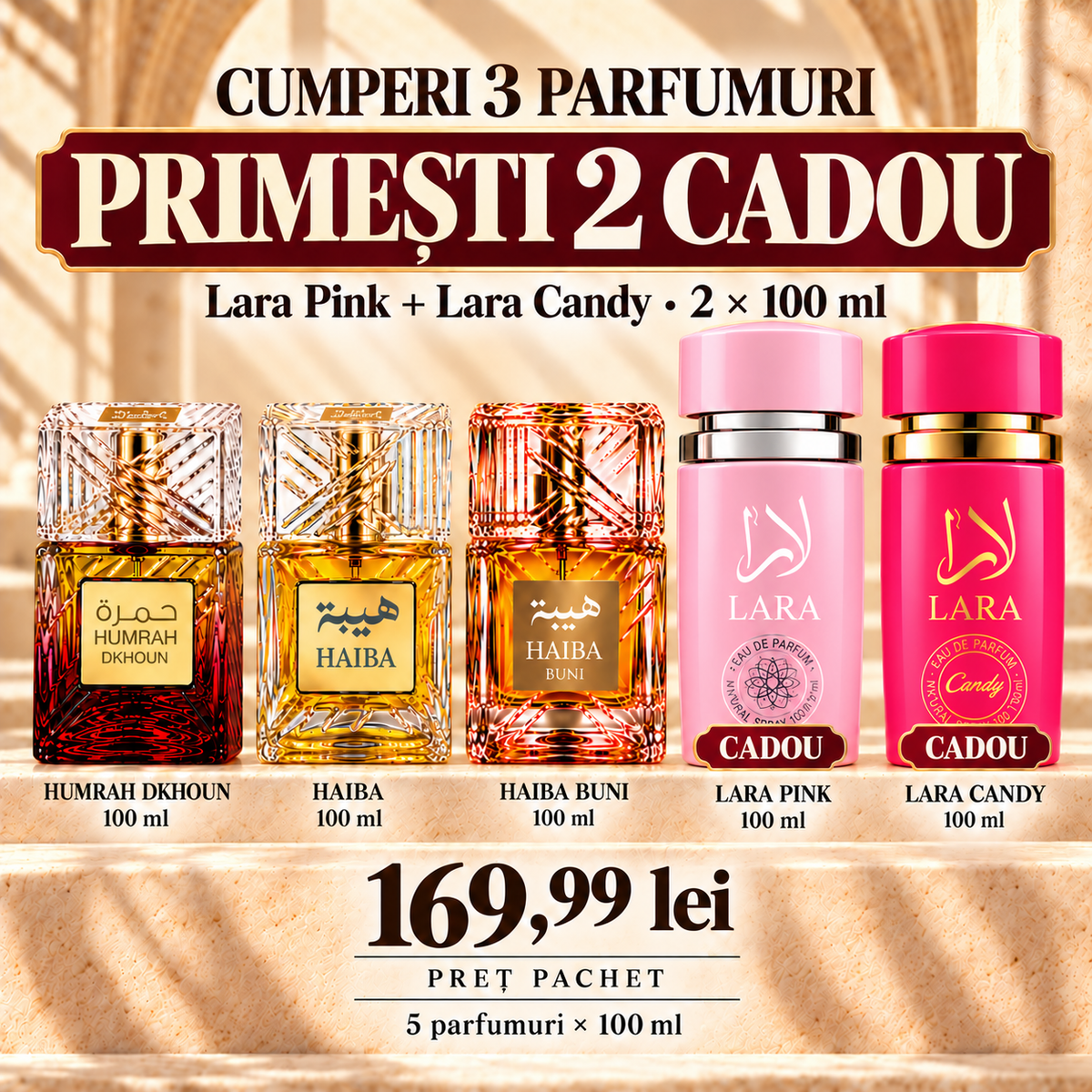 Pachet 3 parfumuri arăbești Humrah Dkhoun, Haiba și Haiba Buni + Lara Pink și Lara Candy CADOU – 5 × 100 ml