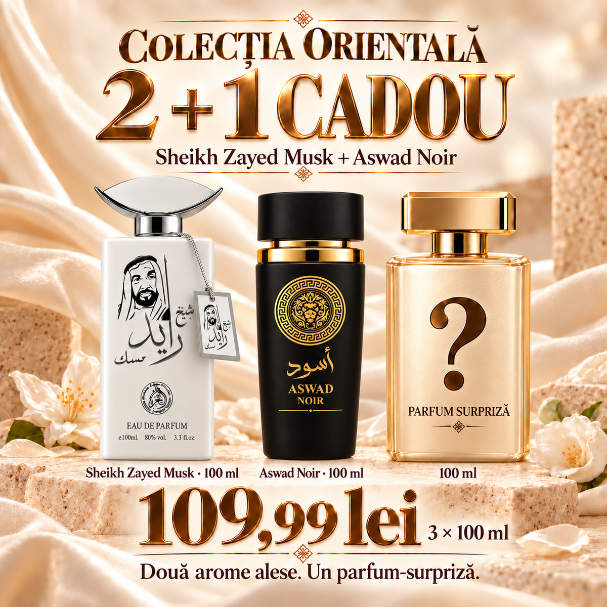 Pachet 2 Parfumuri Arăbești + 1 Cadou, 3 × 100 ml – Sheikh Zayed Musk + Aswad Noir – 109,99 lei