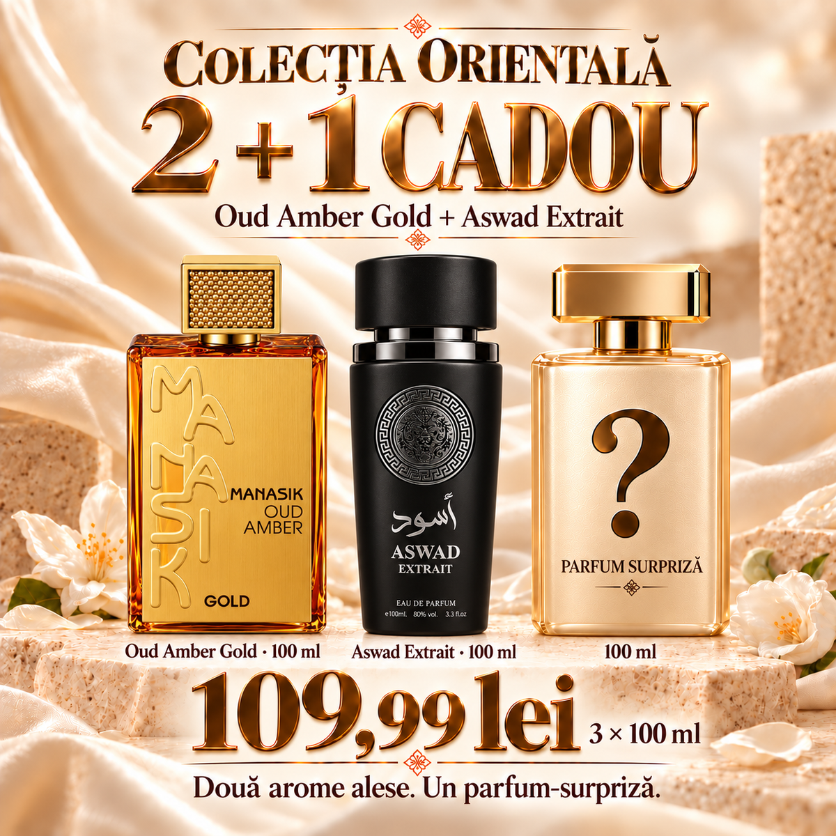 Pachet 2 Parfumuri Arăbești + 1 Cadou, 3 × 100 ml – Oud Amber Gold + Aswad Extrait – 109,99 lei