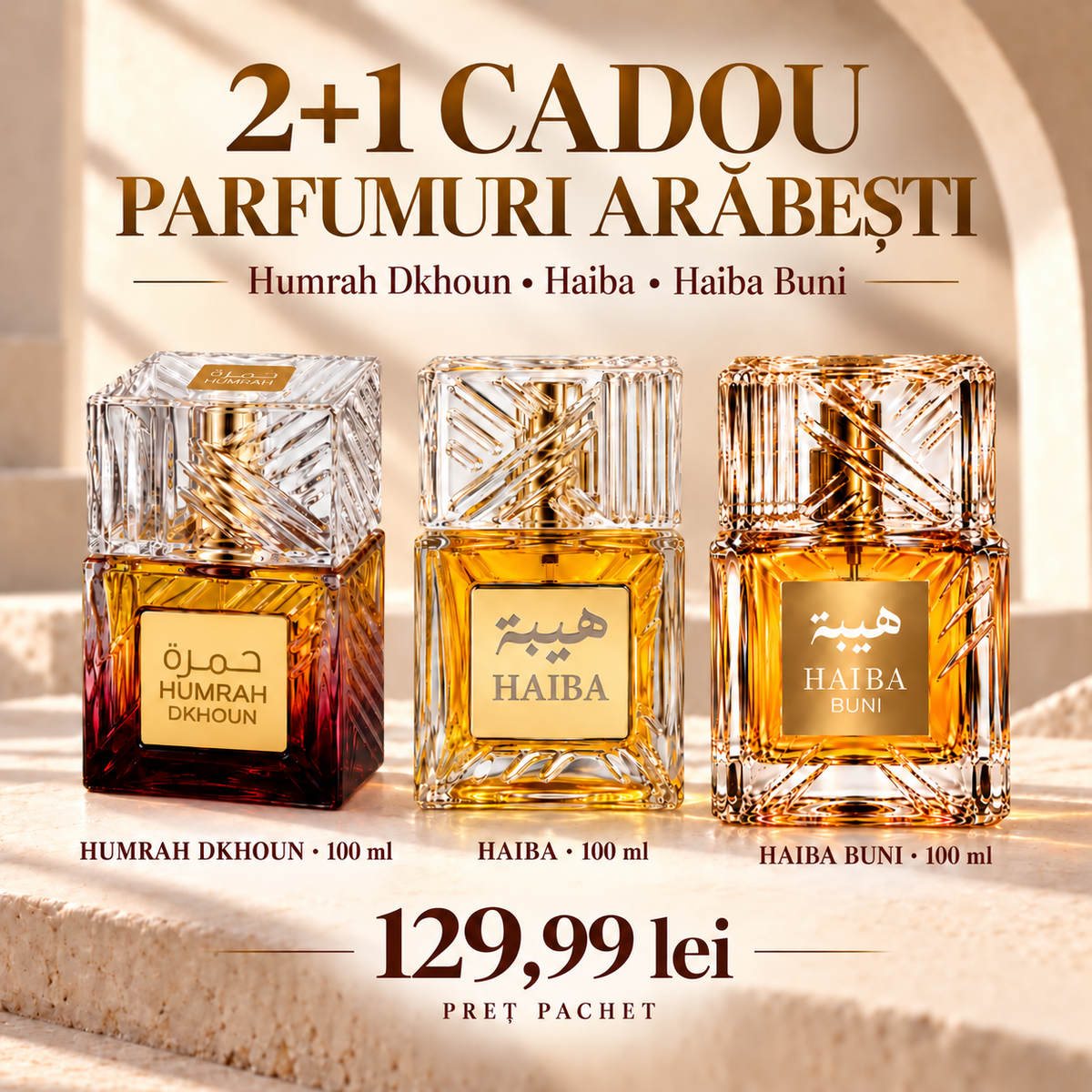Set parfumuri arăbești 2+1 CADOU – Humrah Dkhoun, Haiba și Haiba Buni – Apă de parfum, 3 × 100 ml