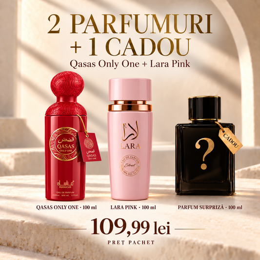 Pachet 2 Parfumuri Arăbești de Damă + 1 Cadou, 3 × 100 ml – Qasas Only One + Lara Pink – 109,99 lei