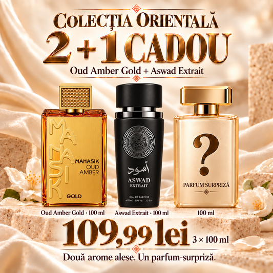 Pachet 2 Parfumuri Arăbești + 1 Cadou, 3 × 100 ml – Oud Amber Gold + Aswad Extrait – 109,99 lei