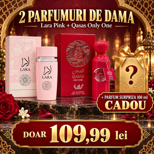 Pachet parfumuri damă Lara Pink & Qasas Only One, 2 × 100 ml + parfum surpriză 100 ml CADOU