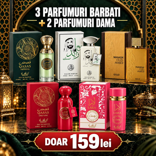 Pachet 5 parfumuri arăbești pentru el și ea, 5 × 100 ml – 159 lei
