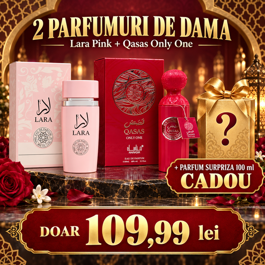 Pachet parfumuri damă Lara Pink & Qasas Only One, 2 × 100 ml + parfum surpriză 100 ml CADOU